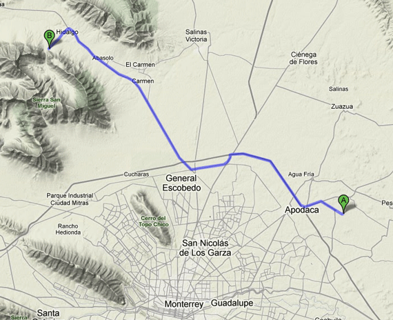 Route from Monterrey Airport to Potrero Chico